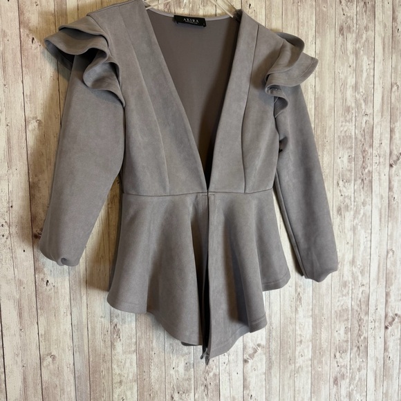 Akira Ruffled Sleeve Faux Suede Peplum Jacket - Picture 2 of 9